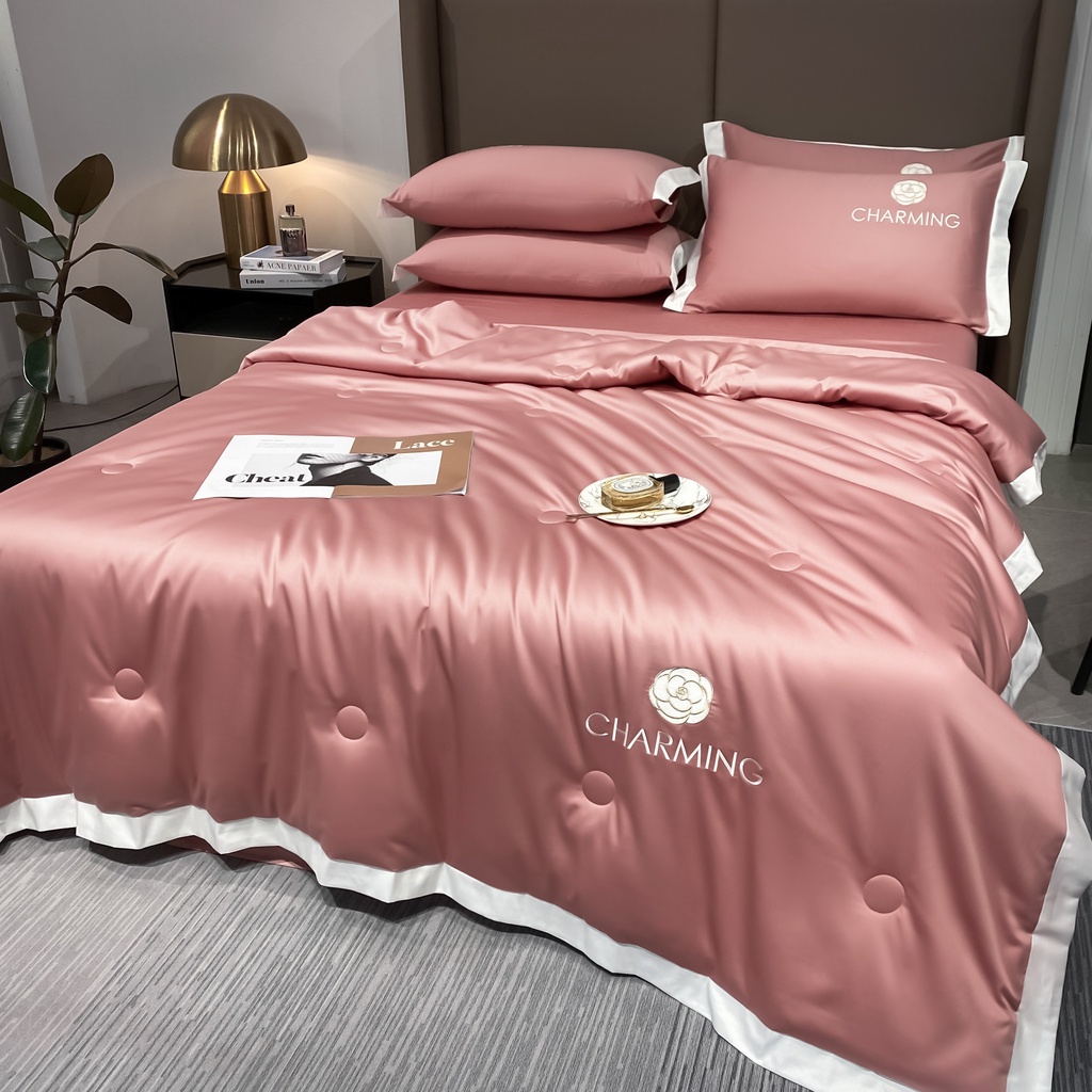 Bộ chăn ga gối lụa CHARMING chăn trần bông mềm mịn 2022, ga gối lụa siêu mềm mịn mát lạnh thêu hoa sang trọng