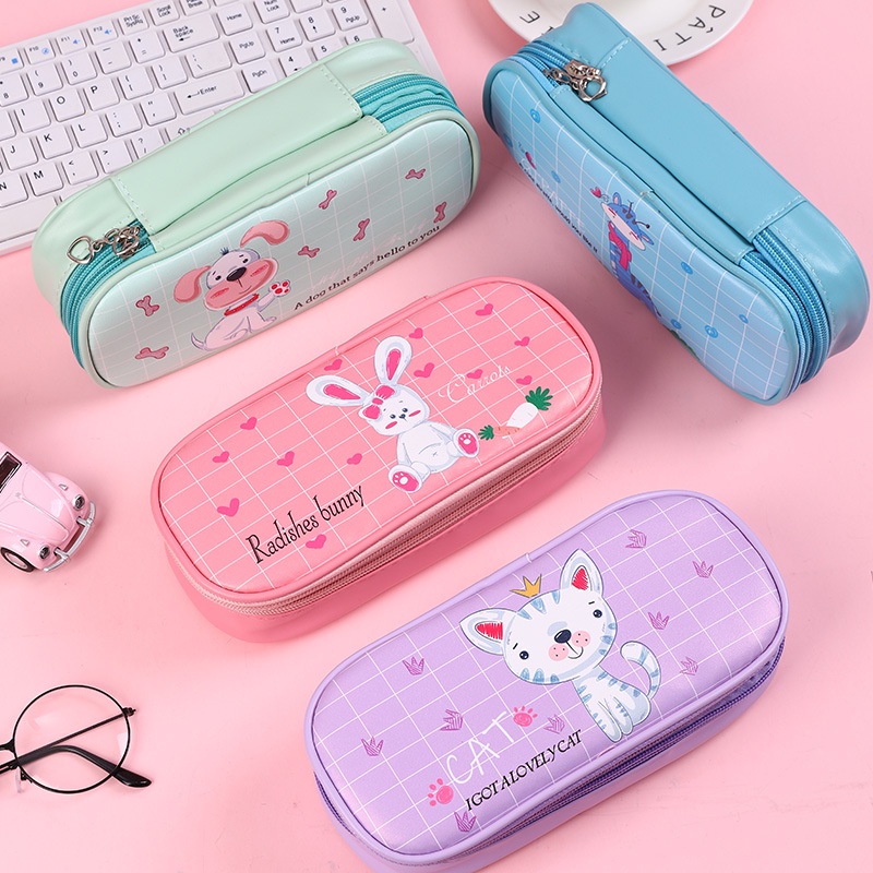 Bóp viết da PU 2 tầng hình động vật cute, hộp bút hình thú cưng màu sắc kiểu Hàn Quốc