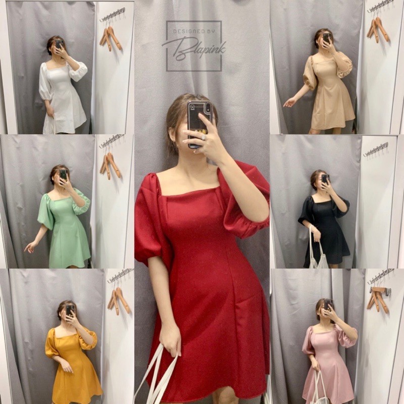 Váy babydoll cổ vuông BlaPink thiết kế tay dài cổ vuông vải dày dặn form chuẩn Đủ Màu