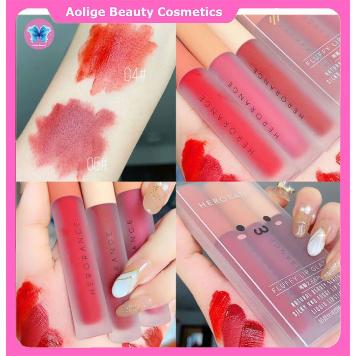 Son nội địa trung quốc 💕𝑭𝒓𝒆𝒆𝒔𝒉𝒊𝒑💕 Set 3 cây son kem lì Herorange Fluffy Lip Glaze - son dưỡng môi chính hãng có màu A&B. | Thế Giới Skin Care