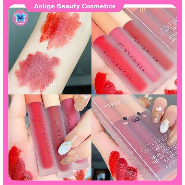 Son nội địa trung quốc 💕𝑭𝒓𝒆𝒆𝒔𝒉𝒊𝒑💕 Set 3 cây kem lì Herorange Fluffy Lip Glaze dưỡng môi chính hãng có màu A&B.