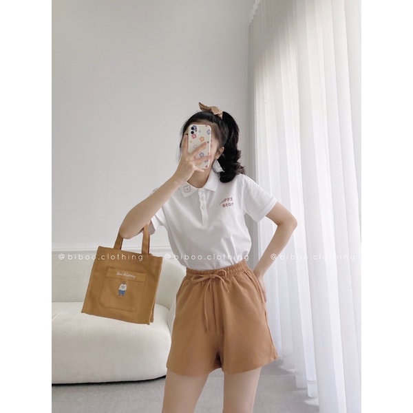 BIBOO - Áo polo có cổ tay ngắn form unisex nam nữ HAPPY BEAR chất liệu cotton cao cấp