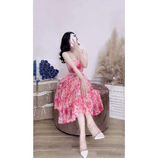 Đầm voan hoa in 3D hai dây 5 tầng phối viền ren cao cấp có mút ngực
