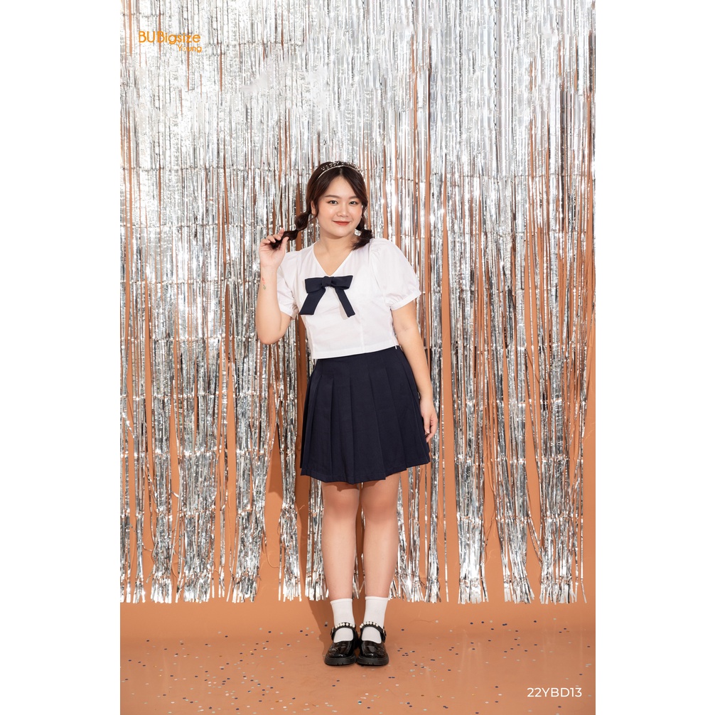 Set áo cổ nơ tay bồng + Chân váy xếp ly xanh than BIGSIZE (55kg đến 95kg) - 22YBD13 - [BU Bigsize Young]