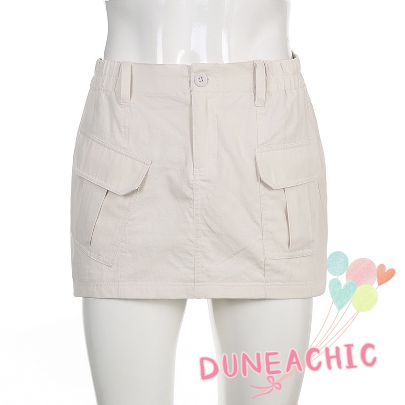 DUNEA Chân váy midi màu trơn phối túi phong cách đường phố cá tính thời trang dành cho nữ