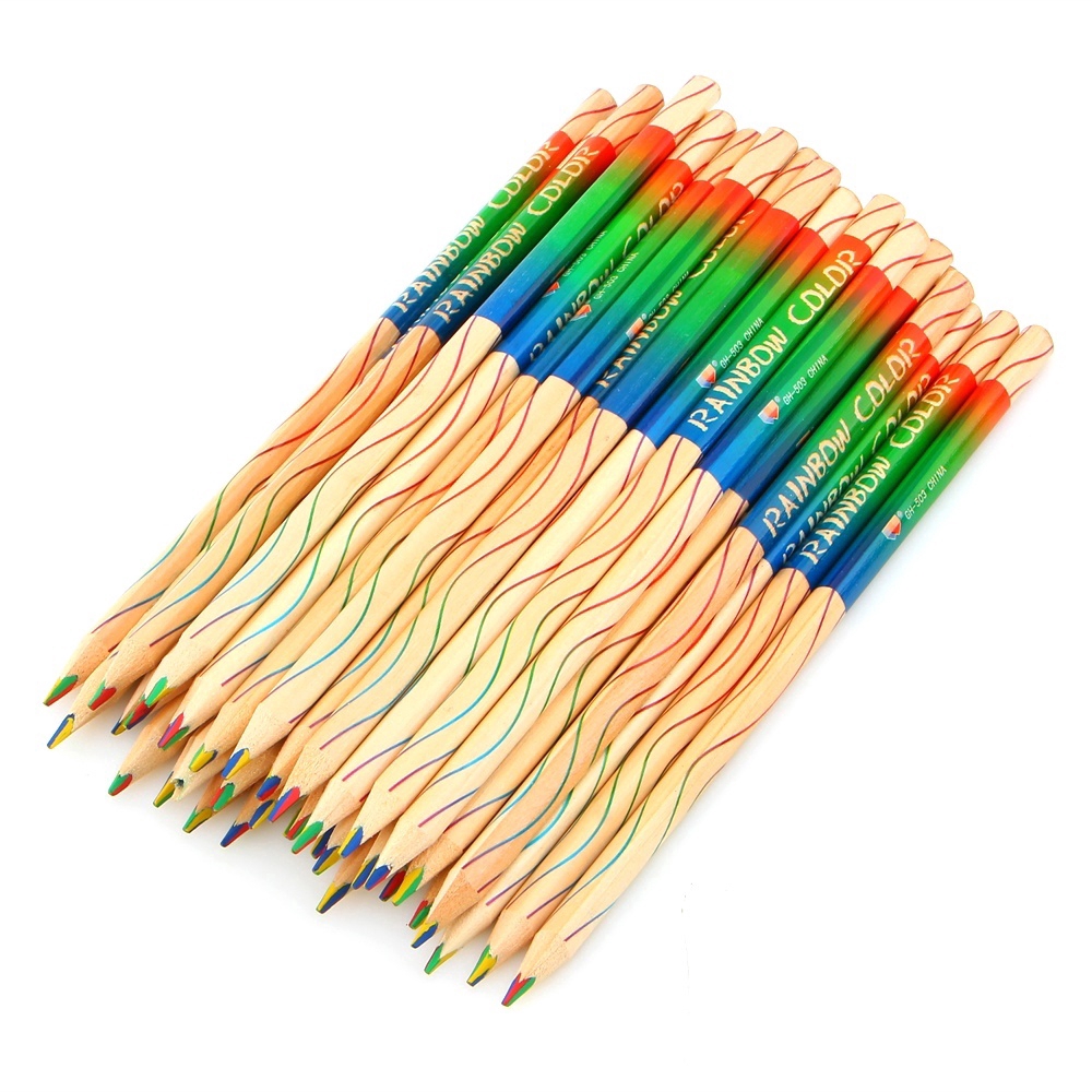 Bộ 10 cây bút chì màu vỏ gỗ họa tiết 7 sắc cầu vồng cho học sinh