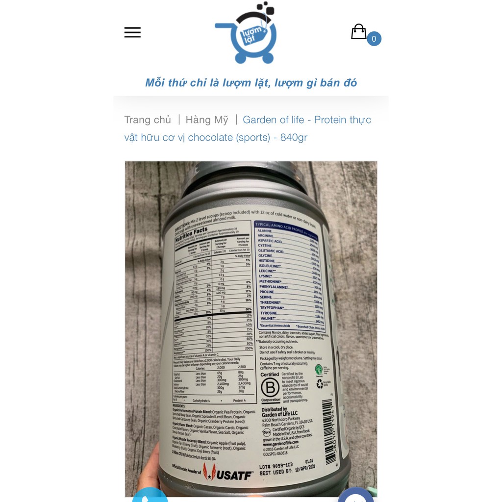 BỘT ĐẠM THỰC VẬT HỮU CƠ  SPORT PROTEIN PLANT-BASED GARDEN OF LIFE