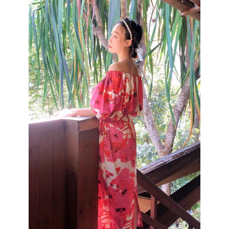 Váy đầm maxi hoa trễ vai xẻ lưng tay phồng bo chun eo dáng suông dài sang trọng sexy đi du lịch biển