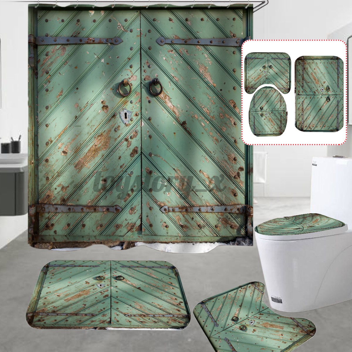 Set nắp bồn vệ sinh / rèm cửa/ thảm trải sàn chống trượt làm xanh lá cổ điển dùng cho nhà tắm tiện dụng