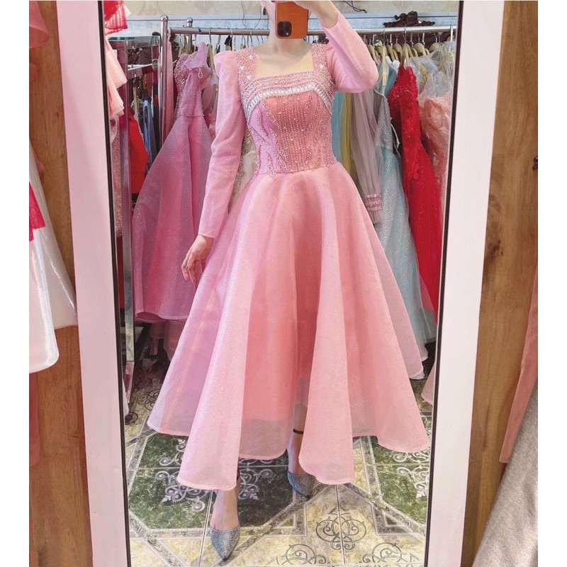 Đầm dự tiệc cổ vuông tay dài kết cườm sang trọng TRIPBLE T DRESS -size M/L (kèm ảnh/video thật) MS153Y