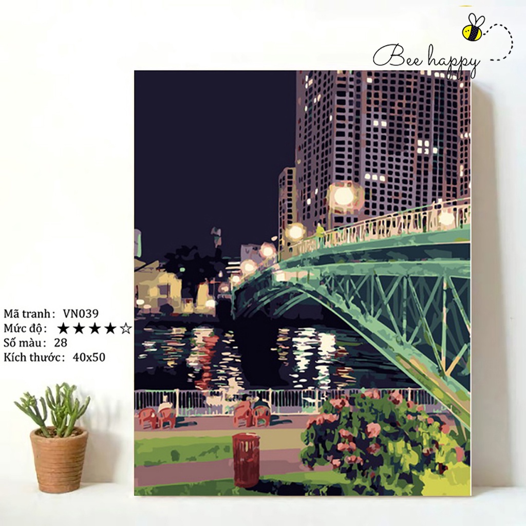 Tranh tô màu theo số Bình yên giữa lòng thành phố BEE HAPPY cao cấp màu 5ml, 2 bộ cọ có sẵn mã VN039