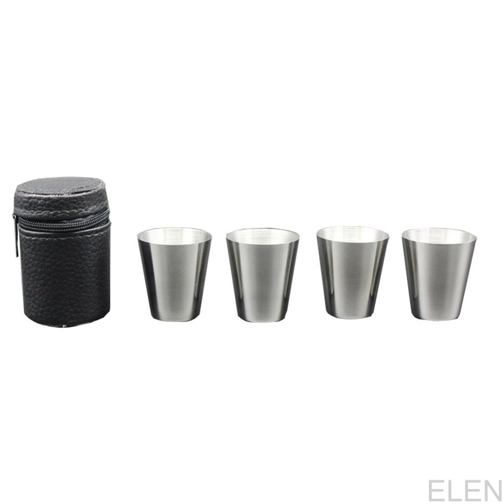 4PCS/Set 30ML Mini Stainless Steel Shot Glass Cup Wine Drinking Glasses PU Leather Cover Bag Home Kitchen Bar ELEN