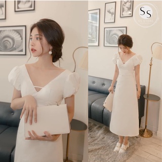 Đầm Maxi Tay Con Phồng Hở Lưng thắt Dây Sang Trọng (TRẮNG)