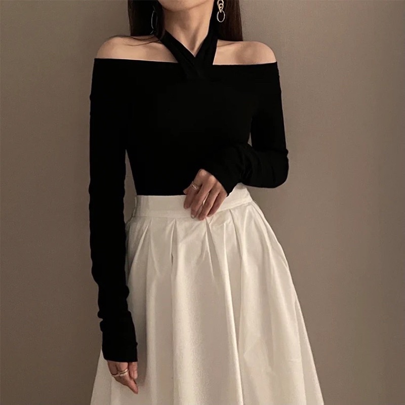 Áo Thun Dài Tay Trễ Vai Chéo Cổ Chất Cotton Dẻo Dáng Ôm Siêu Tôn Dáng Mã 002