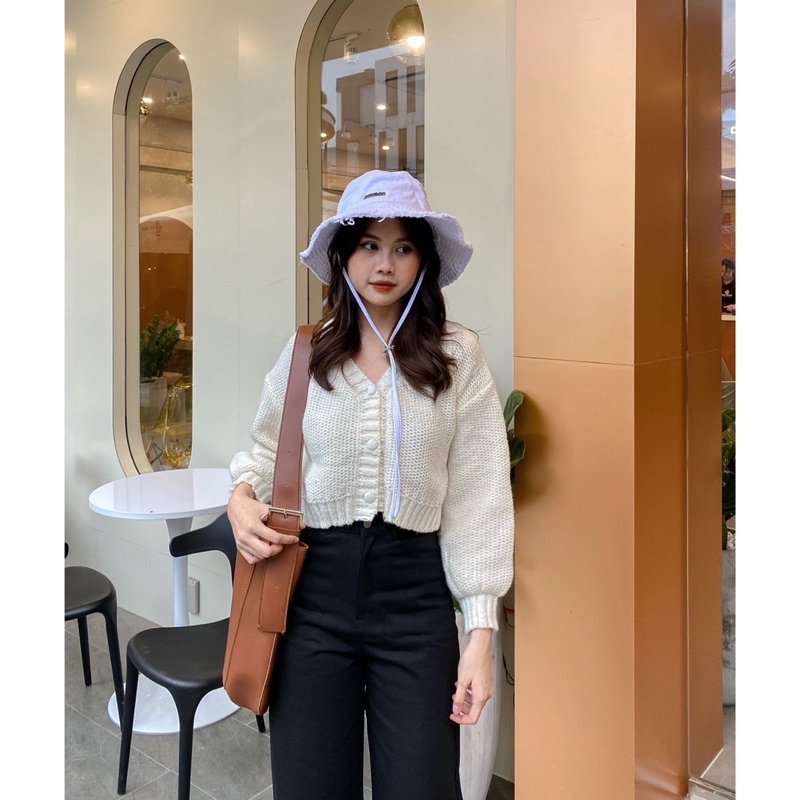 Áo cardigan crop - 1803 - 3 nút bọc tay phồng