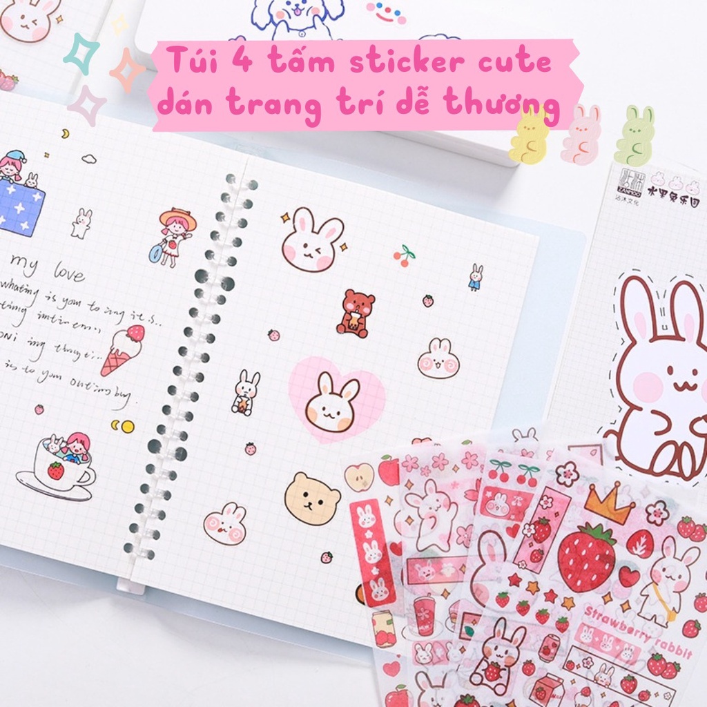 Sticker cute dán trang trí dễ thương túi 4 tấm hình với hàng trăm nhãn dán cưng xỉu