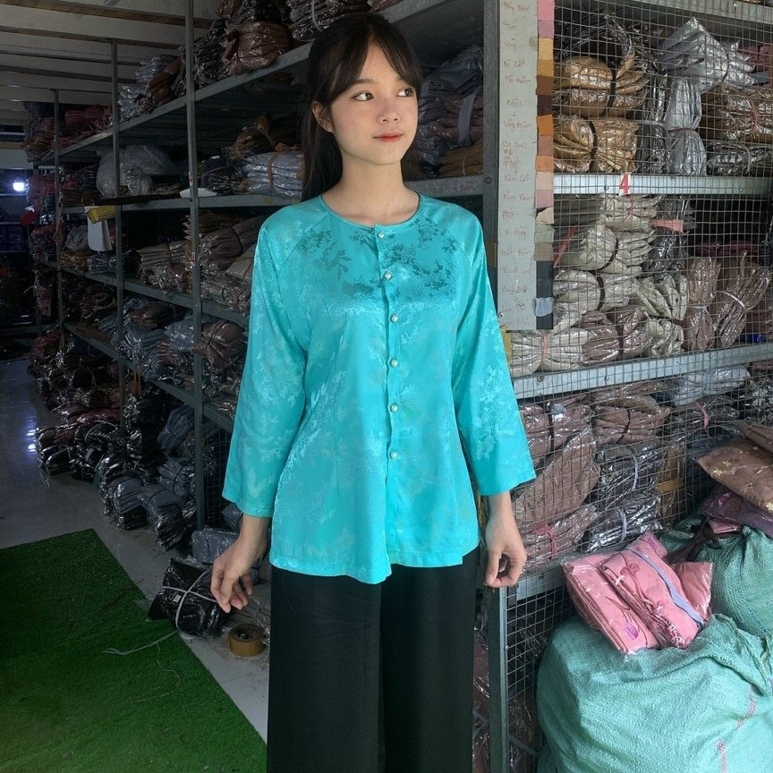 Quần Áo nữ Phật Tử, đồ lam Đi Chùa mẫu BÀ BA GẤM mã A63B