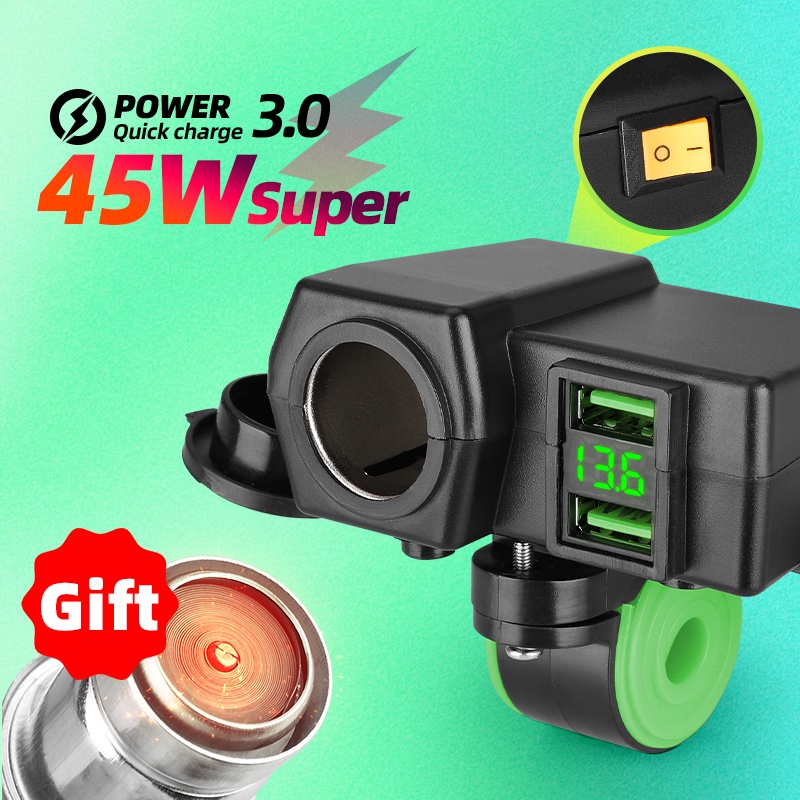 Cục Sạc Điện Thoại Chống Thấm Nước 4.2A Hai Cổng USB 45W QC3.0 Gắn Tay Lái Xe Máy Có Công Tắc Điện Áp
