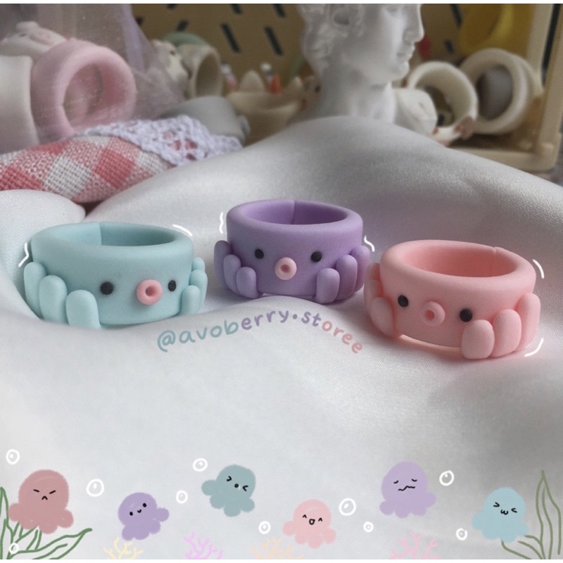 Nhẫn đất sét handmade clay ring hình bé bạch tuộc xinh xắn cute nhiều màu sắc