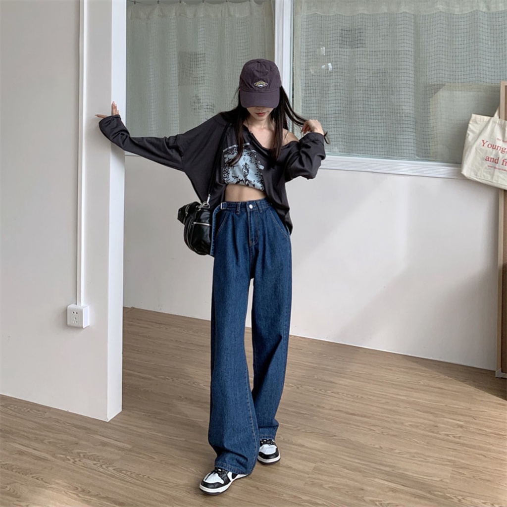 Quần Jeans Nữ Lưng Cao Ống Rộng Thiết Kế Mới Thời Trang Theo Phong Cách Hàn Quốc