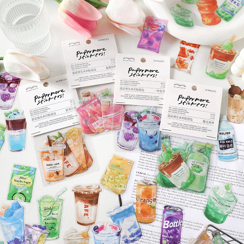 Bộ 10 Sticker Dán Trang Trí Thức Uống Hình Hoạt Hình Dễ Thương