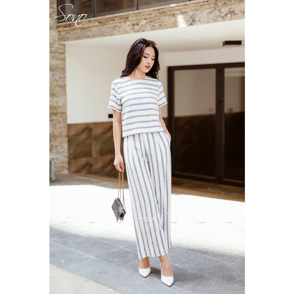 Sono - Bộ Dài Linen Kẻ Sọc Phối Hàng Cúc Sau Set Bộ Mặc Đi Chơi Đi Làm Thanh Lịch