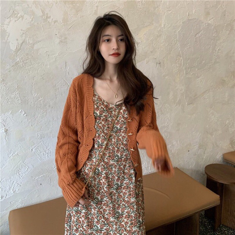 Set váy maxi 2 dây hoa nhí + áo khoác cardigan khuy sừng ulzzang Hàn Quốc [Yannie]