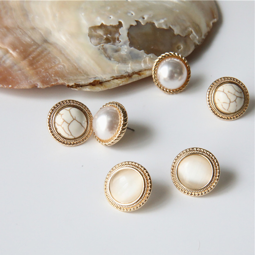 1Pair Earrings Women Gold Ear Stud Circle Pearls Stone Korean Style Jewelry