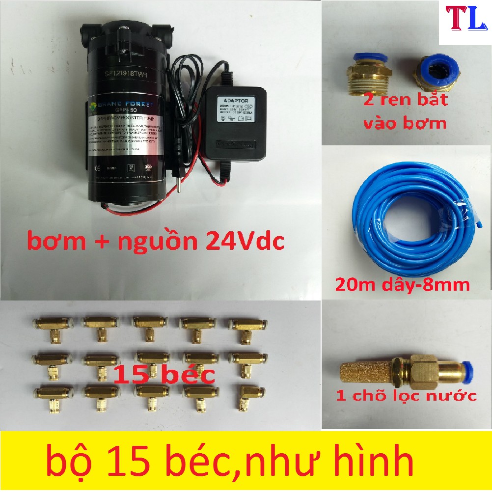 bộ máy bơm phun sương 15 béc - (combo bộ bơm 24v-15 béc)