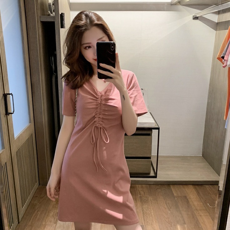 New Snapping up&Girlfriends Decoration BodyVCollar Mid-Length Student Dress Summer New Korean Style Slimming and All-MatchingTT-shirt Skirt- | BigBuy360 - bigbuy360.vn