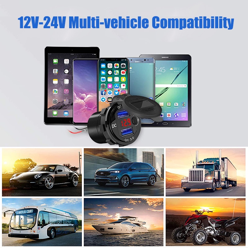Ổ Cắm Sạc Nhanh QC 3.0 36W Hai Cổng USB Chống Nước Có Công Tắc Vôn Kế Cho Xe Hơi / Tàu Thuyền / Xe ATV / RV