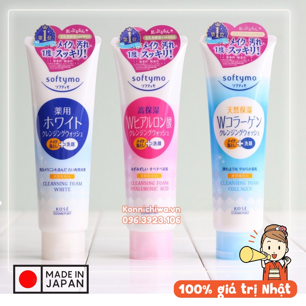 Sữa rửa mặt KOSÉ Softymo White, Hyaluronic & Collagen - dưỡng ẩm, làm trắng và căng mịn da | hàng nội địa Nhật