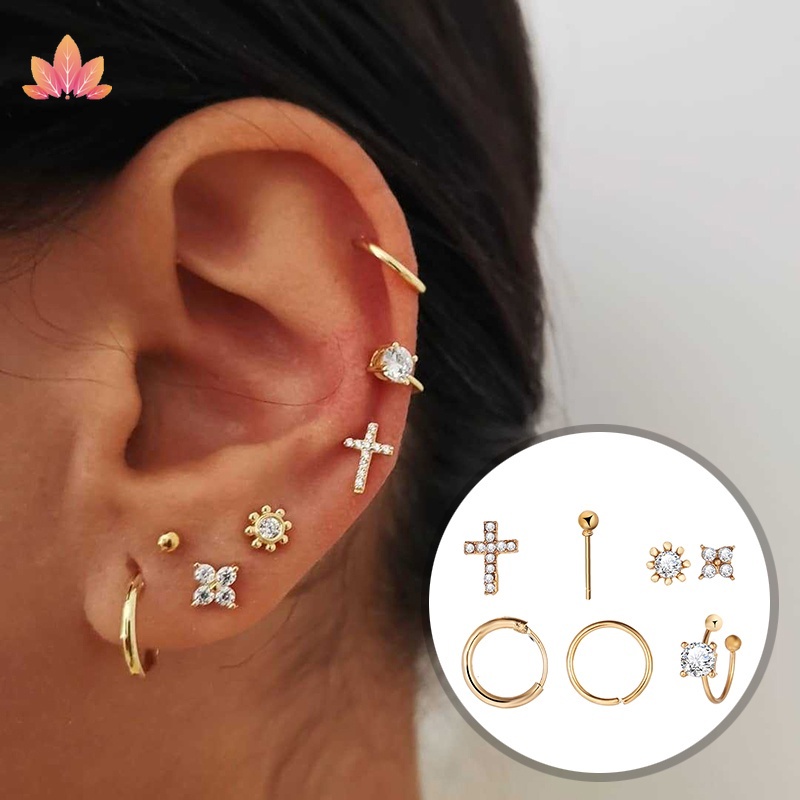 Bông Tai Mini Hình Tròn / Chữ Thập / Bướm Màu Vàng / Bạc Đính Đá Pha Lê Rp5