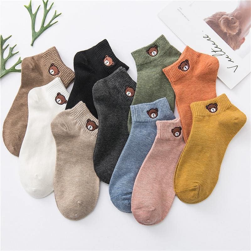 Combo 10 đôi tất gấu cổ ngắn họa tiết Brown tặng kèm túi đựng