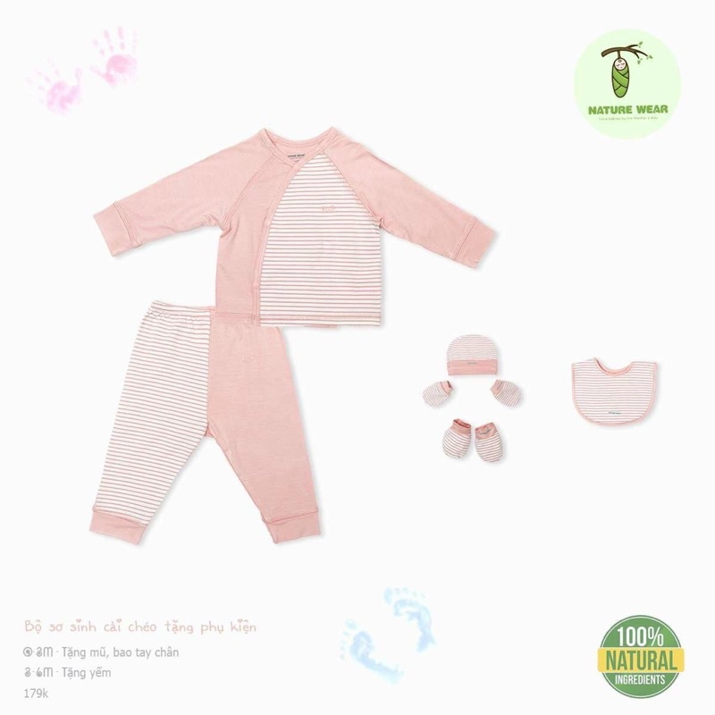 Nature bộ sơ sinh cài vai cho bé kèm mũ bao chân bao tay