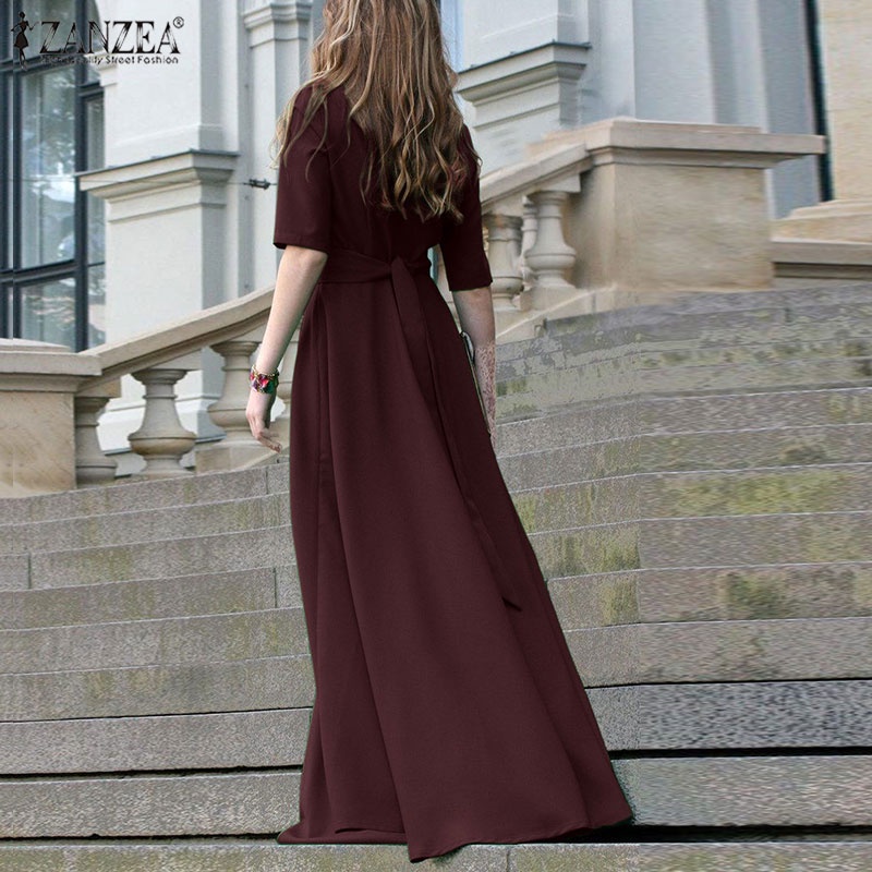 Đầm maxi Zanzea tay lửng thắt lưng phong cách vintage dành cho nữ
