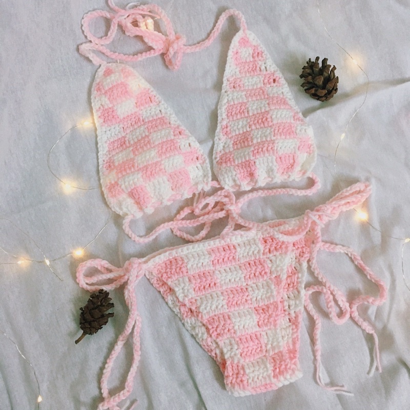 Set Bikini Caro Hồng Trắng, Bra Len Móc - xanhlanhes