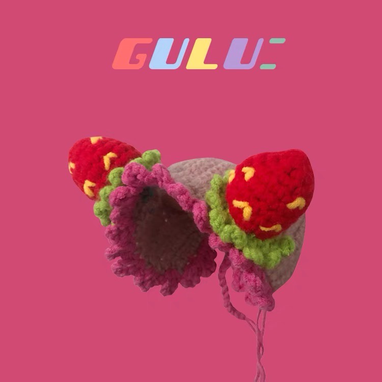 Mũ len cho chó mèo dâu tây, mũ len handmade CHILLMEOW