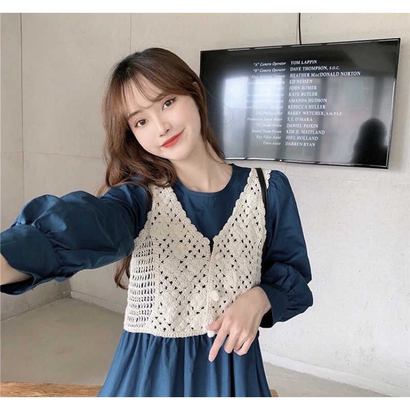 Set Đầm Babydoll Phối Áo Gile Len Hoa Nổi, Phong Cách Retro