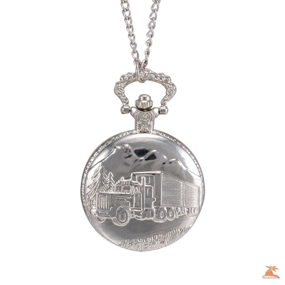 #Đồng hồ bỏ túi# 1pc Men Women Quartz Pocket Watch Silver Truck Carved Case with Chain