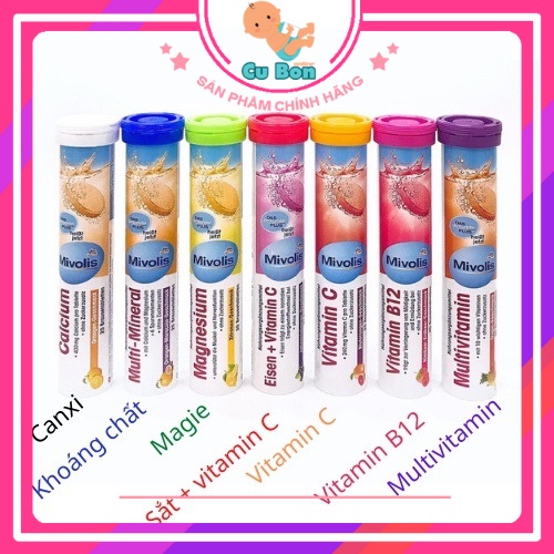 Viên C Sủi Mivolis Đức Vitamin C, B12, magie, canxi Hỗ trợ tăng cường hệ miễn dịch dùng cho người lớn, mẹ bầu và trẻ em