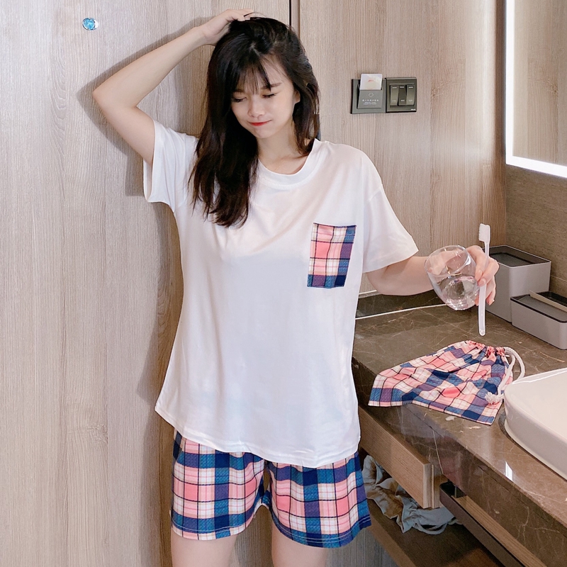 summer young girl korean fashion print short-sleeved T-shirt and plaid print shorts home wear pajama set 2 pieces | BigBuy360 - bigbuy360.vn