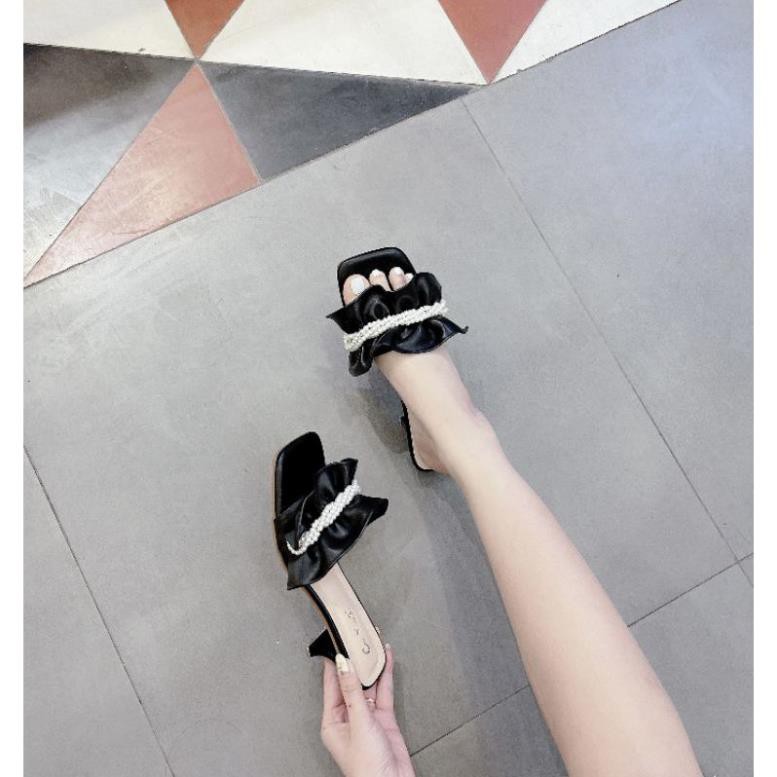 MLo(ẢNH THẬT) Guốc 5p Quai Nhún Bèo Phối Ngọc Da Mềm Êm Fullbox Cao Cấp