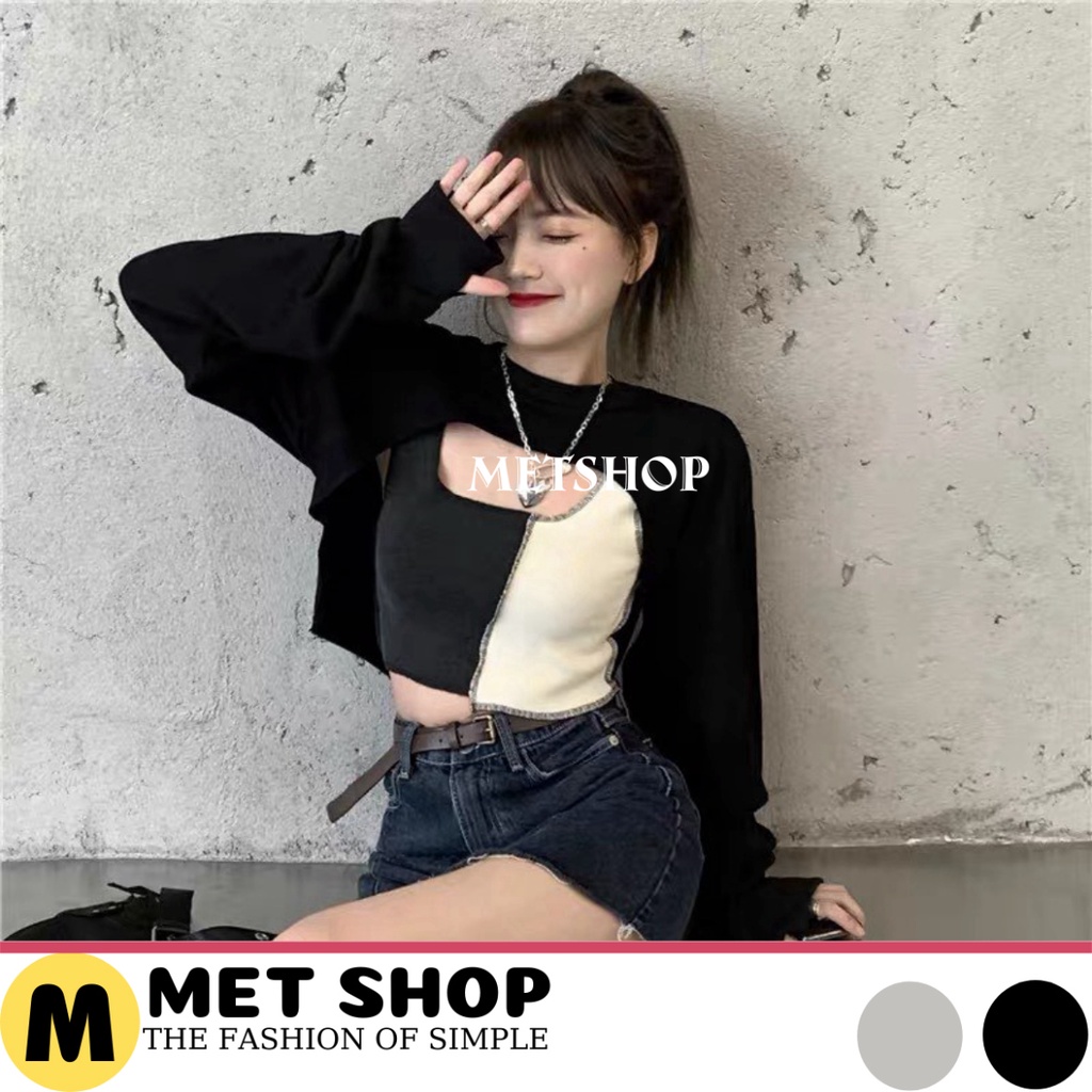 Sét áo croptop khoét ngực kèm áo 3 lỗ phối màu, set áo crt 2 món áo ngoài kèm áo trong chất zip cotton dầy mịn -METSHOP