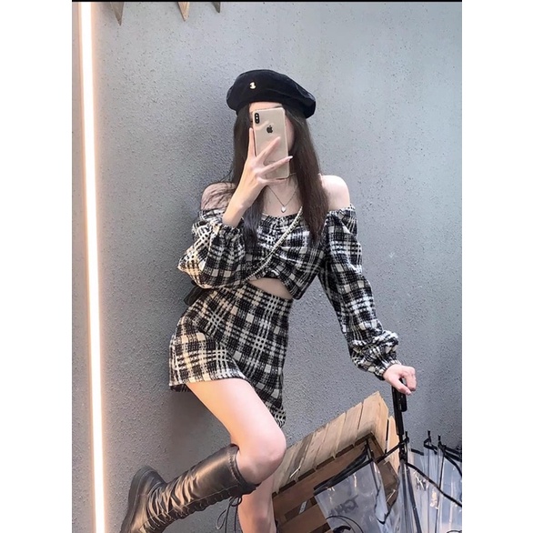 Set đầm váy áo hở vai chân váy chữ A