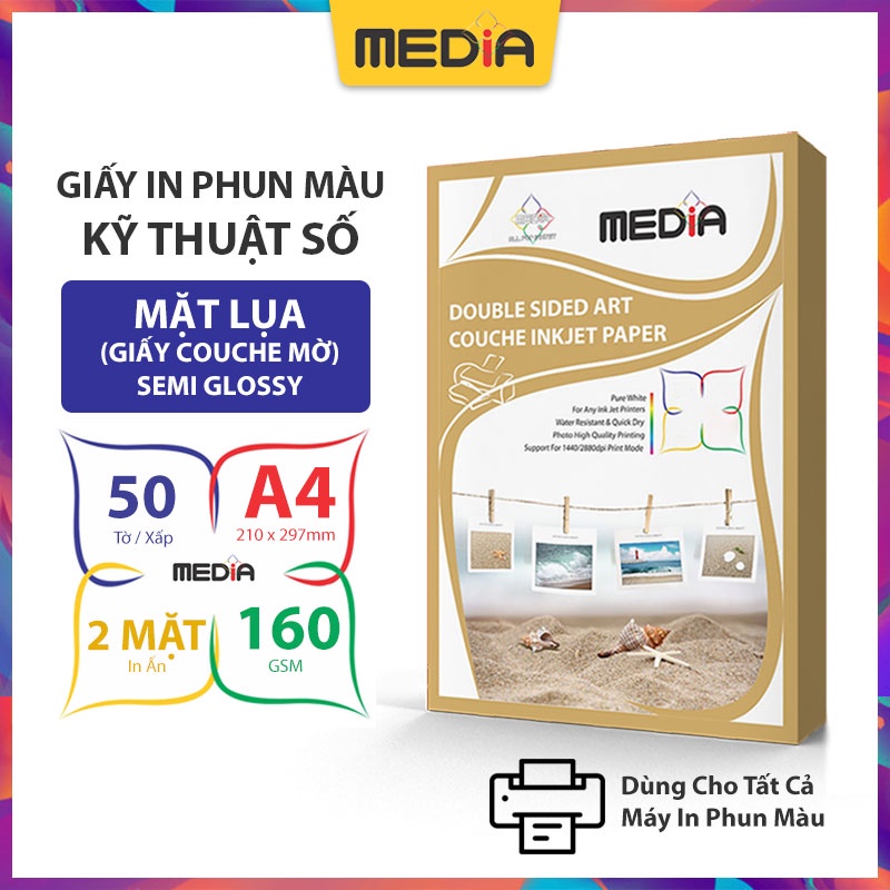Giấy In Phun Màu Media Khổ A4, 2 Mặt In Bề Mặt Couche Lụa , Định Lượng 160gsm 50 Tờ