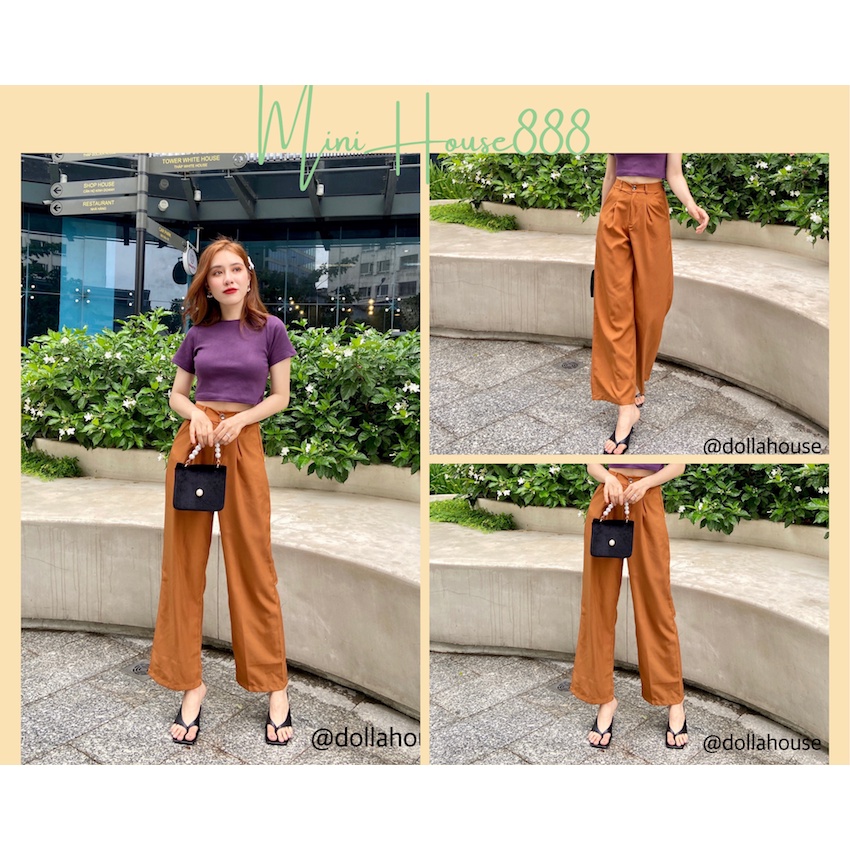 (Ảnh Thật , sẵn ) Quần Tây Màu Nâu Đất Ống Suông Phối Áo Croptop Gân Tím Sẫm Tay ngắn Cổ tròn Minihouse888