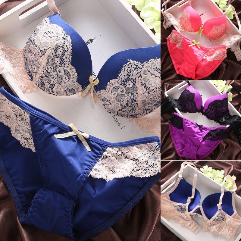 Set áo ngực Women Bra Set Embroidered Lace Sexy Stitching Color 3/4 Cup Gathered Bra + Briefs Set