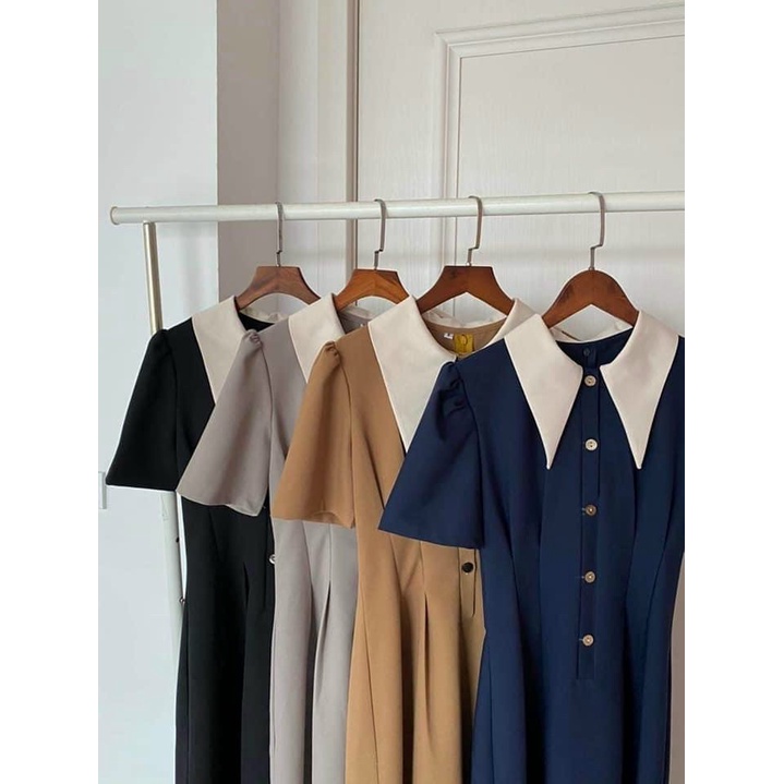 Đầm váy freesize cổ trắng nút trước 4 màu