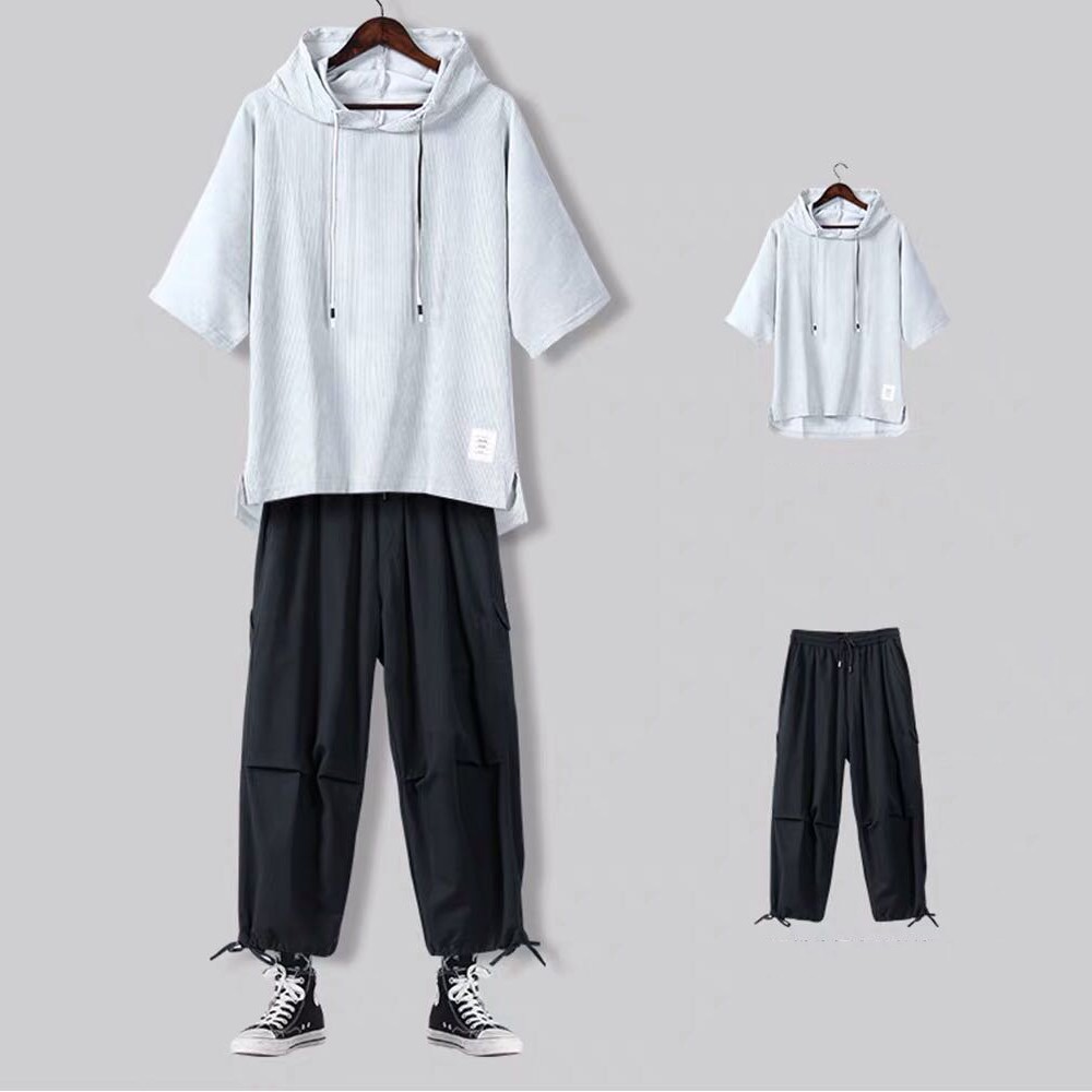 Bộ Quần Áo Thun Nam Thể Thao Mùa Hè Áo Hoodies Ngắn Tay Có Mũ Kết Hợp Quần Jogger Buộc Gấu SET NAM 90000156C | BigBuy360 - bigbuy360.vn